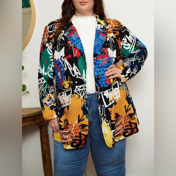 SHEIN Jackets & Blazers - SHEIN Funky Y2K Colorful Graffiti Street Art Abstract Avant Gard Blazer Sz 24/26